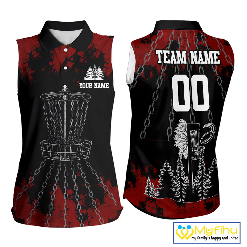 Black and Red Disc golf basket chain Women sleeveless polo shirt custom disc golf outfit for team NQS10438