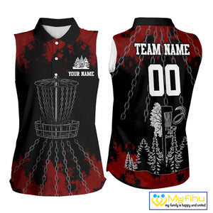 Black and Red Disc golf basket chain Women sleeveless polo shirt custom disc golf outfit for team NQS10438