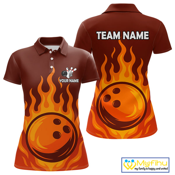 Orange Flame Bowling Polo, Quarter Zip Shirts for Women Custom Bowling Team League Jersey NQS10445