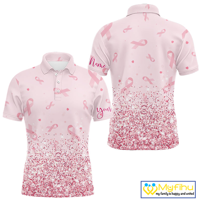 Pink glitter ribbons pattern Mens golf polo shirt Custom Breast Cancer Awareness golf outfit for men NQS10514