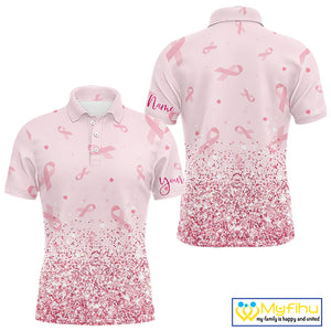 Pink glitter ribbons pattern Mens golf polo shirt Custom Breast Cancer Awareness golf outfit for men NQS10514