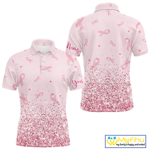 Pink glitter ribbons pattern Mens golf polo shirt Custom Breast Cancer Awareness golf outfit for men NQS10514