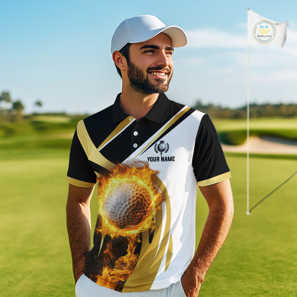 Black and White Gold Flame Golf Polo Shirts For Men custom team men golf attire, gift for golf lovers NQS10905