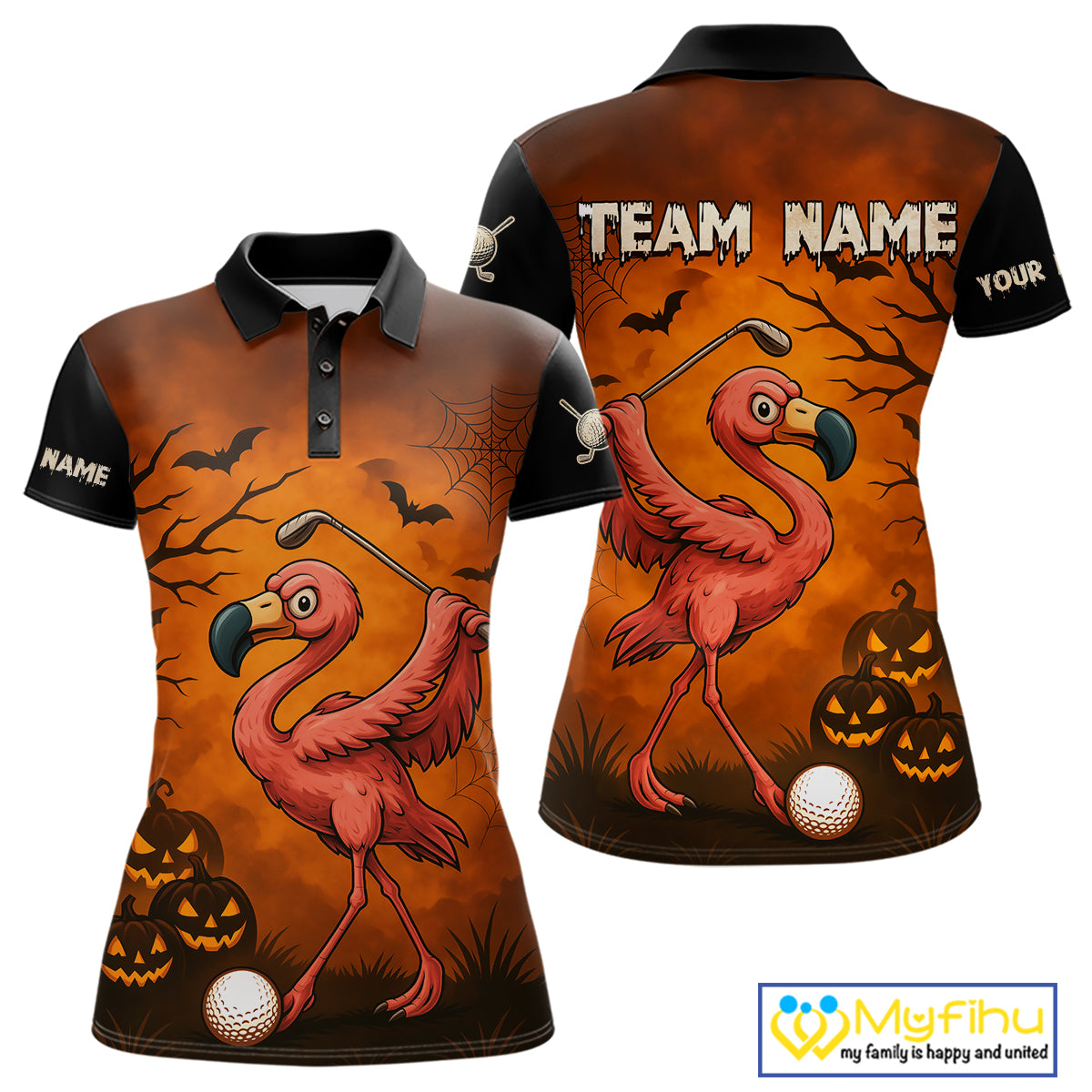 Black and Orange Funny Flamingo Golf Polo Shirt For Women Custom Halloween Golf Attire Golfing Gifts NQS10701