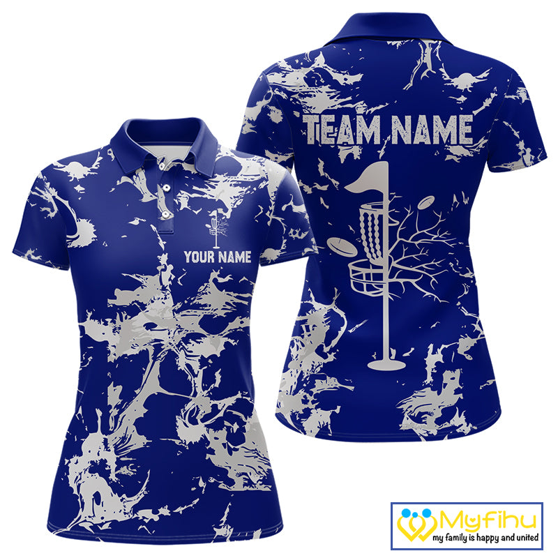 Blue and Gray Camo Disc Golf basket Women Disc golf polo shirts Custom team disc golf jerseys NQS10797