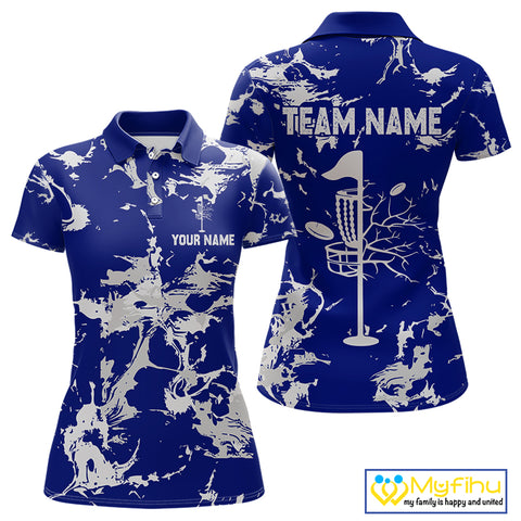 Blue and Gray Camo Disc Golf basket Women Disc golf polo shirts Custom team disc golf jerseys NQS10797