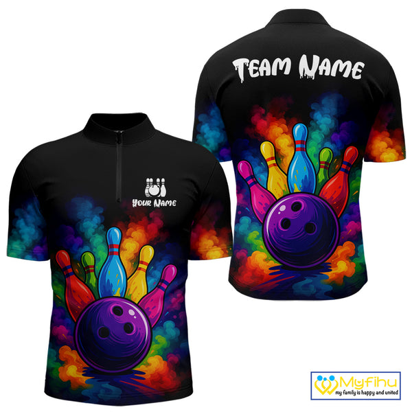 Custom Colorful Smoke Bowling Polo, Quarter Zip Shirt for Men, Bowling Uniform Team Bowling Jerseys NQS10647