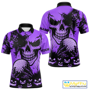Custom Skull Golf Polo Shirts For Men Halloween Golf Outfits, personalized golf gifts | Purple NQS10661
