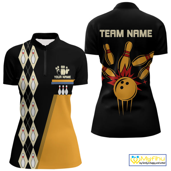 Black and Yellow Retro Bowling Polo, Quarter Zip shirt for Women Custom vintage team bowling jersey NQS10707