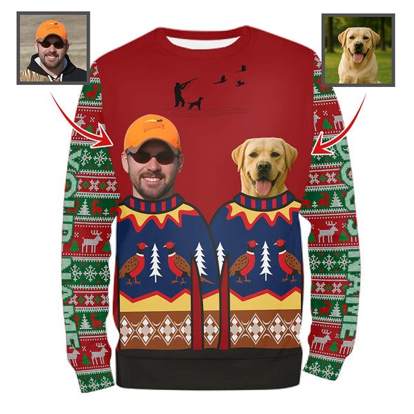 Funny Custom Ugly Christmas Sweatshirt for Bird Hunters – Hunter & Dog’s Face and Name FSD4758
