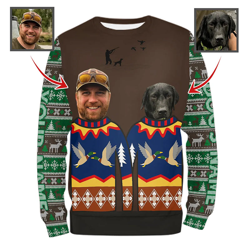 Funny Custom Ugly Christmas Sweatshirt for Duck Hunter – Hunter & Dog’s Face and Name FSD4759