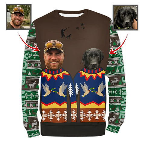 Funny Custom Ugly Christmas Sweatshirt for Duck Hunter – Hunter & Dog’s Face and Name FSD4759