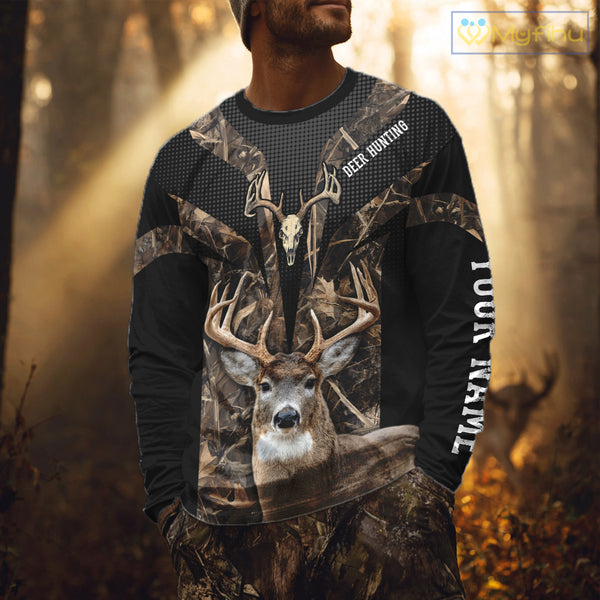 Brown Camo 3D Deer Hunting Hoodie For Men – Whitetail Buck Skull Design NHT335