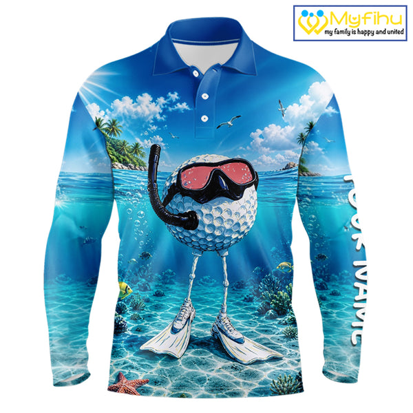 Funny Snorkeling Golf Ball Polo Shirt For Men – Beach Ocean 3D Print, Custom Team Name NHT879