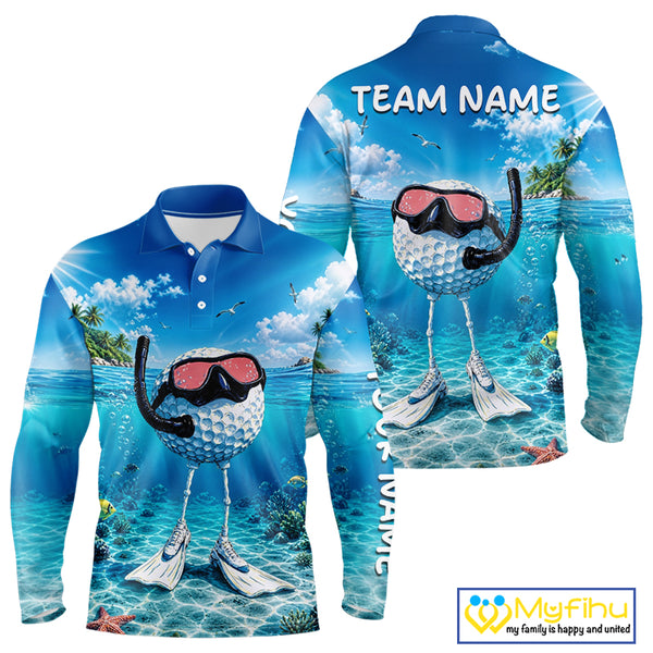 Funny Snorkeling Golf Ball Polo Shirt For Men – Beach Ocean 3D Print, Custom Team Name NHT879