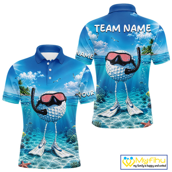 Funny Snorkeling Golf Ball Polo Shirt For Men – Beach Ocean 3D Print, Custom Team Name NHT879