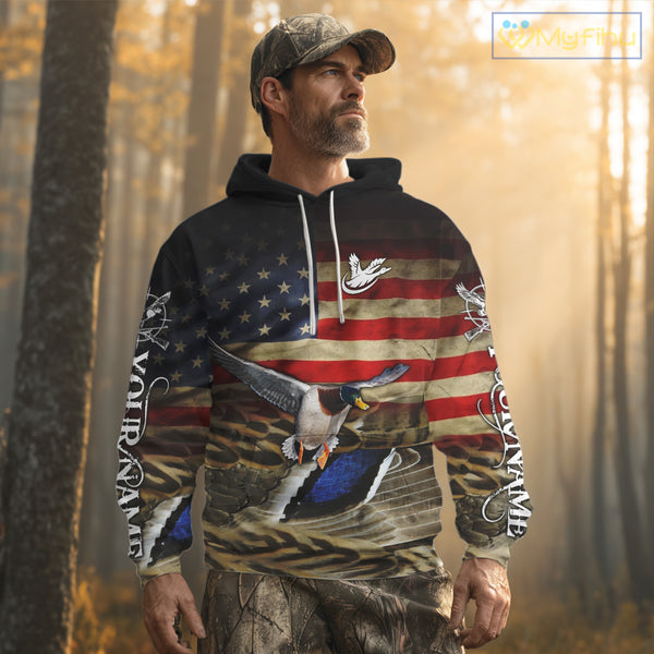 Duck Hunting Waterfowl Camo US Flag, Duck Hunting Gifts, Duck Hunting Shirt NHT294