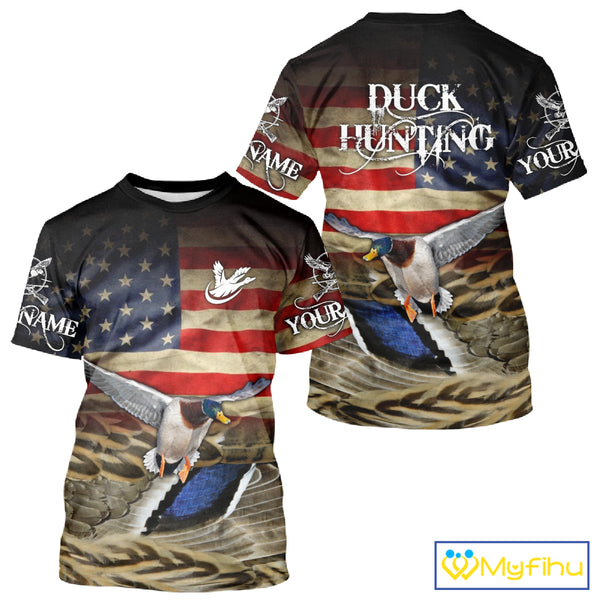 Duck Hunting Waterfowl Camo US Flag, Duck Hunting Gifts, Duck Hunting Shirt NHT294