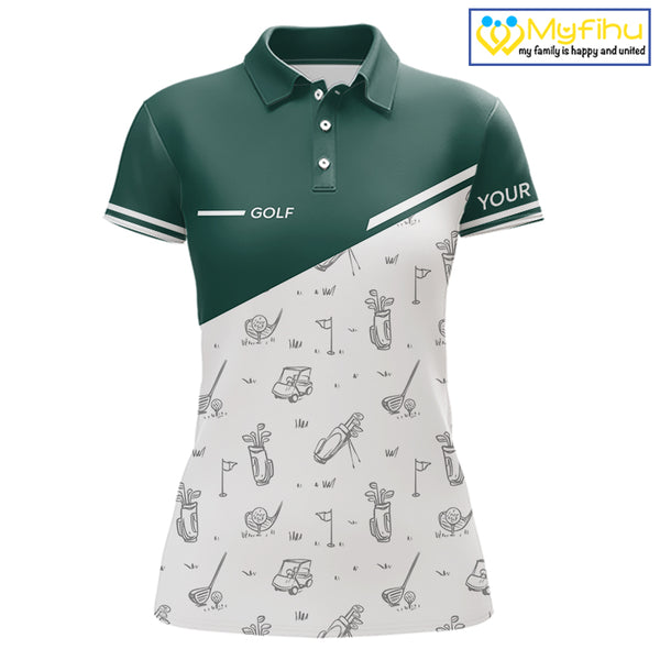 Green White Golf Pattern Womens Golf Tops Custom Ladies Golf Shirts, Green Golf Tops NHT884