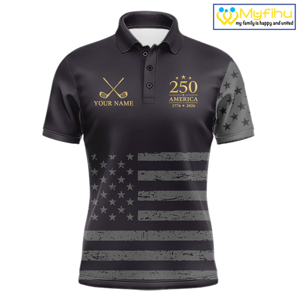 Black & Gold American 250Th Anniversary Mens Golf Polo Shirts, Golf Gifts For Team NHT887