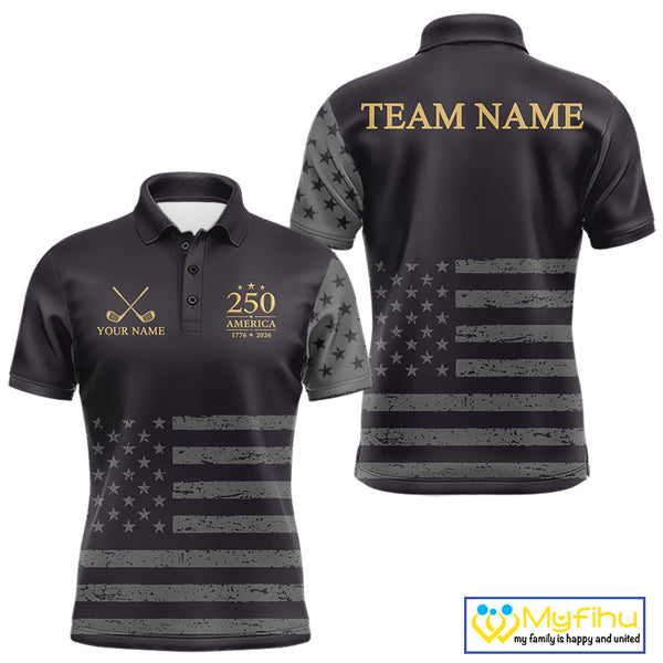 Black & Gold American 250Th Anniversary Mens Golf Polo Shirts, Golf Gifts For Team NHT887
