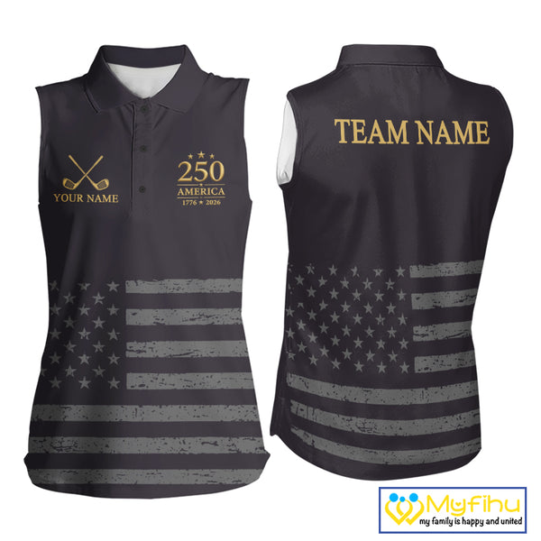 Black & Gold American 250Th Anniversary Sleeveless Womens Golf Polo Shirts, Golf Gifts For Team NHT887