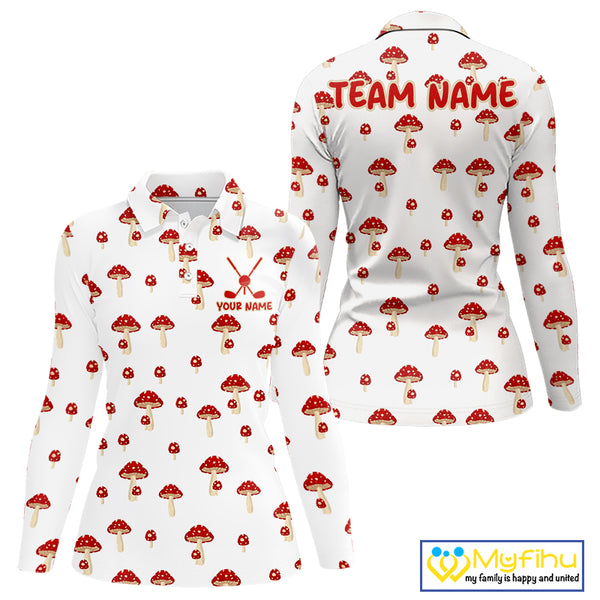 Funny Mushroom Womens Golf Polo Shirt, Personalized Mushroom Red White Pattern Golf Jersey NHT888