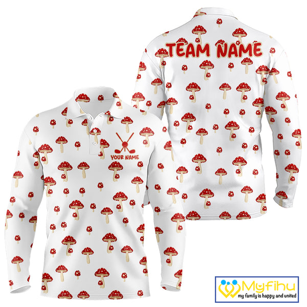 Funny Mushroom Mens Golf Polo Shirt, Personalized Mushroom Red White Pattern Golf Jersey NHT888