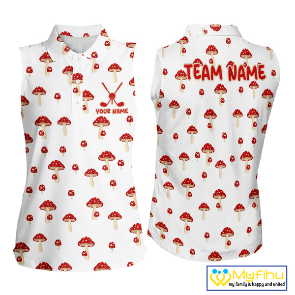 Funny Mushroom Sleeveless Womens Golf Polo Shirt, Personalized Mushroom Red White Pattern Golf Jersey NHT888