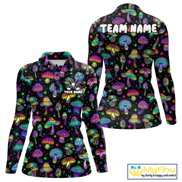 Funny Neon Mushroom Pattern Womens Golf Polo Shirt – Custom Name, Team Name For Golfer NHT889