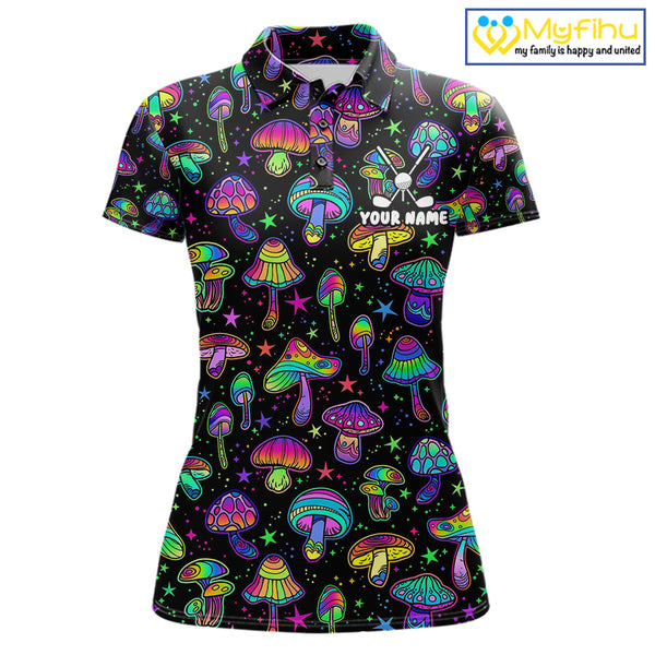 Funny Neon Mushroom Pattern Womens Golf Polo Shirt – Custom Name, Team Name For Golfer NHT889