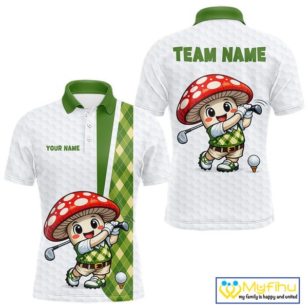 Funny Cartoon Mushroom Mens Golf Polo Shirt White Argyle Green Pattern Golf Shirt NHT890
