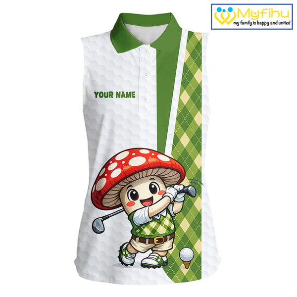 Funny Cartoon Mushroom Sleeveless Womens Golf Polo Shirt White Argyle Green Pattern Golf Shirt NHT890