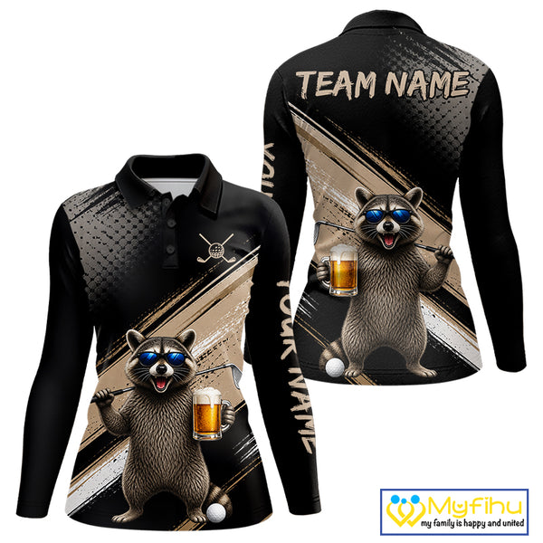 Funny Raccoon Golf Polo Shirt Custom Name Golf Beer Polo Gift For Womens Black Beige Golf Jersey  NHT891