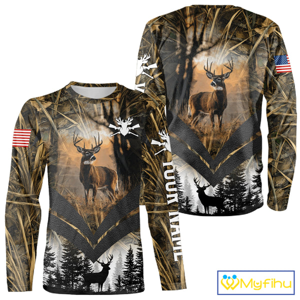 Deer Hunting Shirt US Flag 3D All Over Print, Custom Name Personalized Gift NHT298