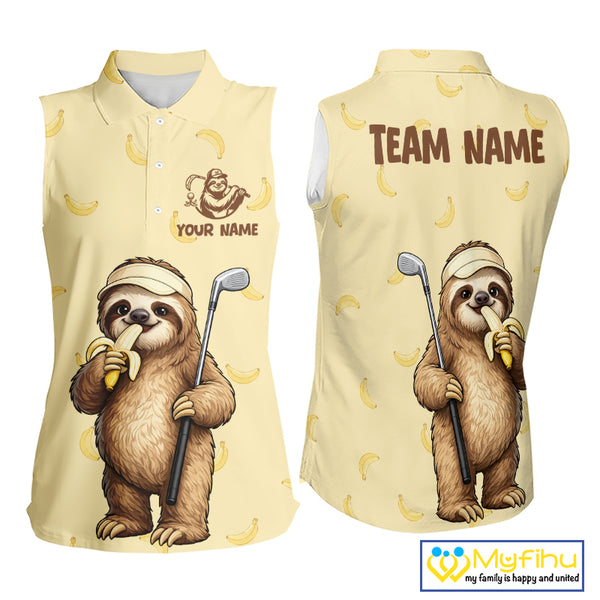 Funny Sloth Banana Womens Sleeveless Golf Polo Shirt Custom Golf Jerseys, Golf Apparel Gift For Golf Lovers NHT907