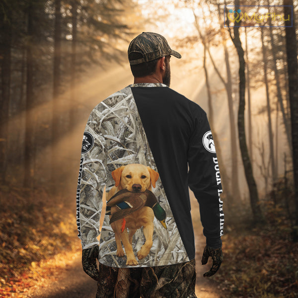 Yellow Lab Duck Hunting Shirt, Custom Name 3D Black Camo Winter Waterfowl Hunting Gear NHT233