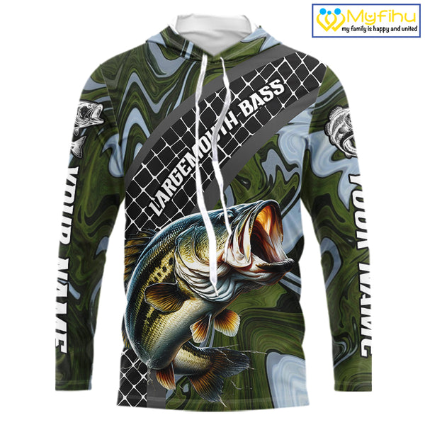 Largemouth Bass Hooded Fishing Shirt Long Sleeve Abstract Green Camo Performance Jersey For Men NHT922