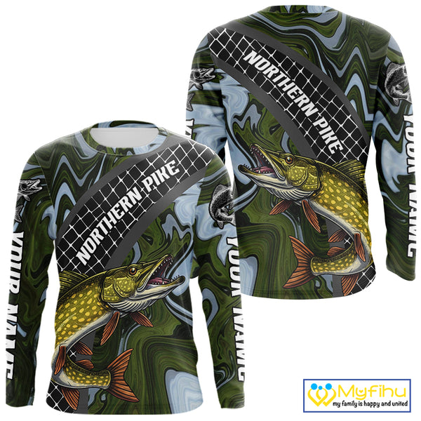 Northern Pike Fishing Shirts Long Sleeve Abstract Green Camo Performance Jersey For Men NHT925