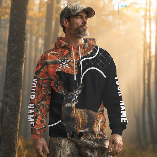 Personalized Whitetail Deer Hunting 3D All Over Printed Hoodie Orange Camo NHT369