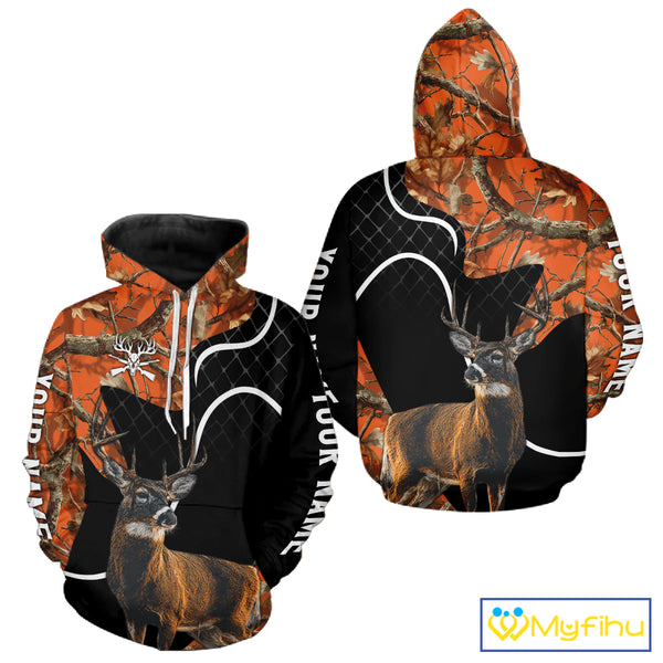 Personalized Whitetail Deer Hunting 3D All Over Printed Hoodie Orange Camo NHT369