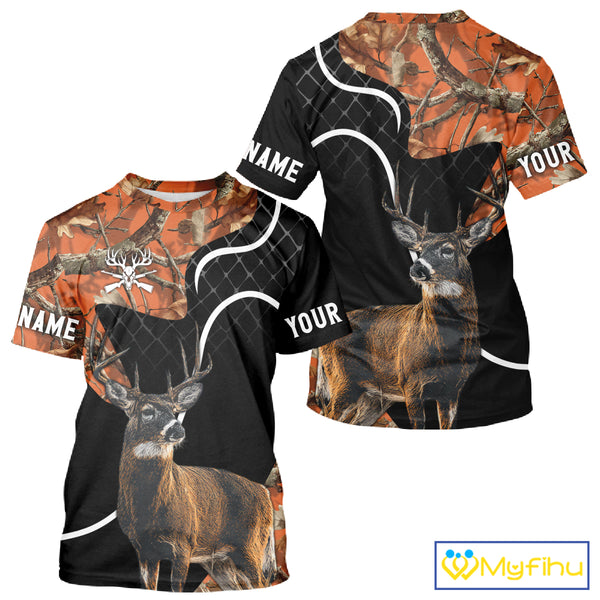 Personalized Whitetail Deer Hunting 3D All Over Printed Hoodie Orange Camo NHT369