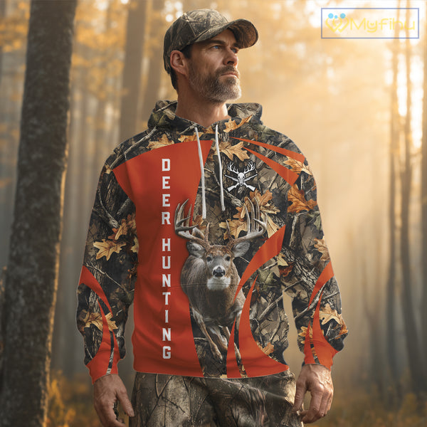 Deer Hunting 3D All Over Printed Orange Autumn Leaves Camo Shirts, Best Hunting Shirt NHT312
