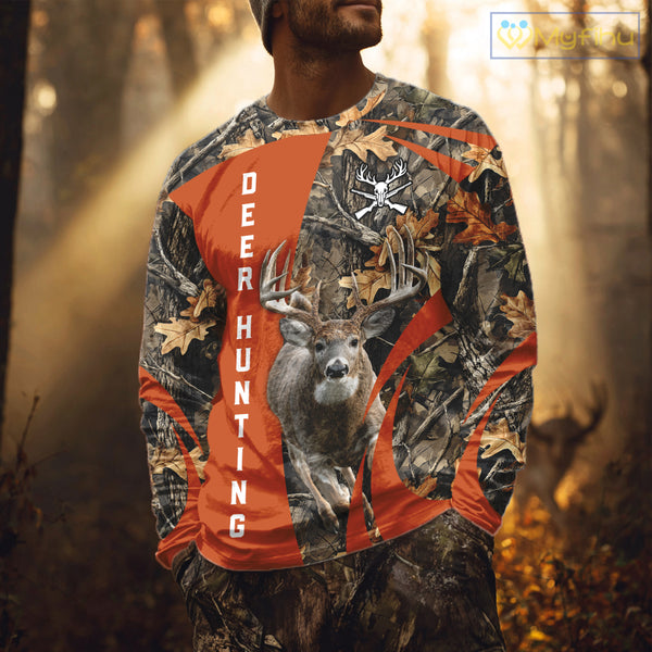 Deer Hunting 3D All Over Printed Orange Autumn Leaves Camo Shirts, Best Hunting Shirt NHT312