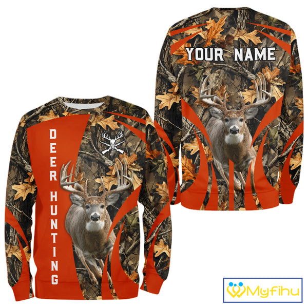 Deer Hunting 3D All Over Printed Orange Autumn Leaves Camo Shirts, Best Hunting Shirt NHT312