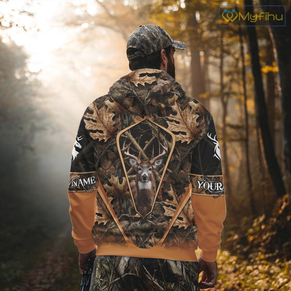 Personalized Whitetail Deer Hunting 3D All Over Printed Hoodie Brown Autumn Leaves Camo NHT314