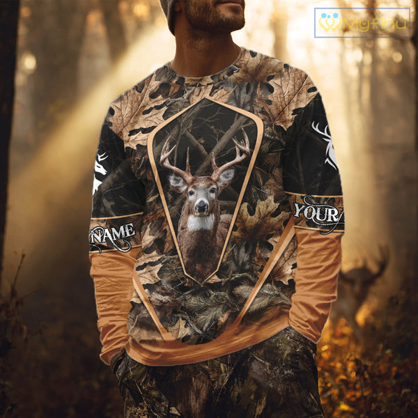 Personalized Whitetail Deer Hunting 3D All Over Printed Hoodie Brown Autumn Leaves Camo NHT314