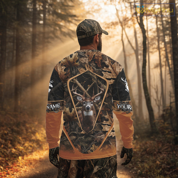 Personalized Whitetail Deer Hunting 3D All Over Printed Hoodie Brown Autumn Leaves Camo NHT314