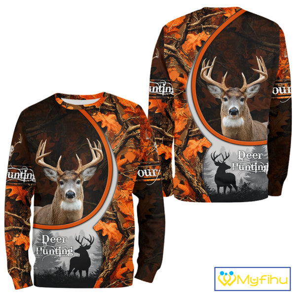 Personalized Deer Hunting 3D All Over Printed Hoodie Orange Autumn Leaves Camo, Hunting Gift NHT322