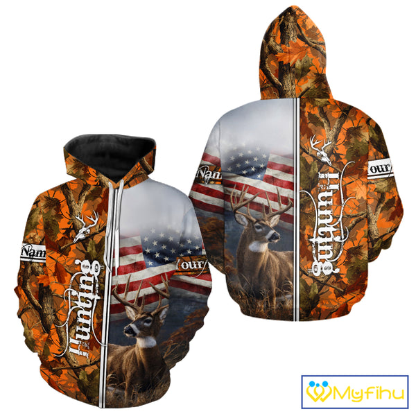 Custom Camouflage Deer Hunting With US Flag For Men, Hoodie Hunting Shirt NHT323